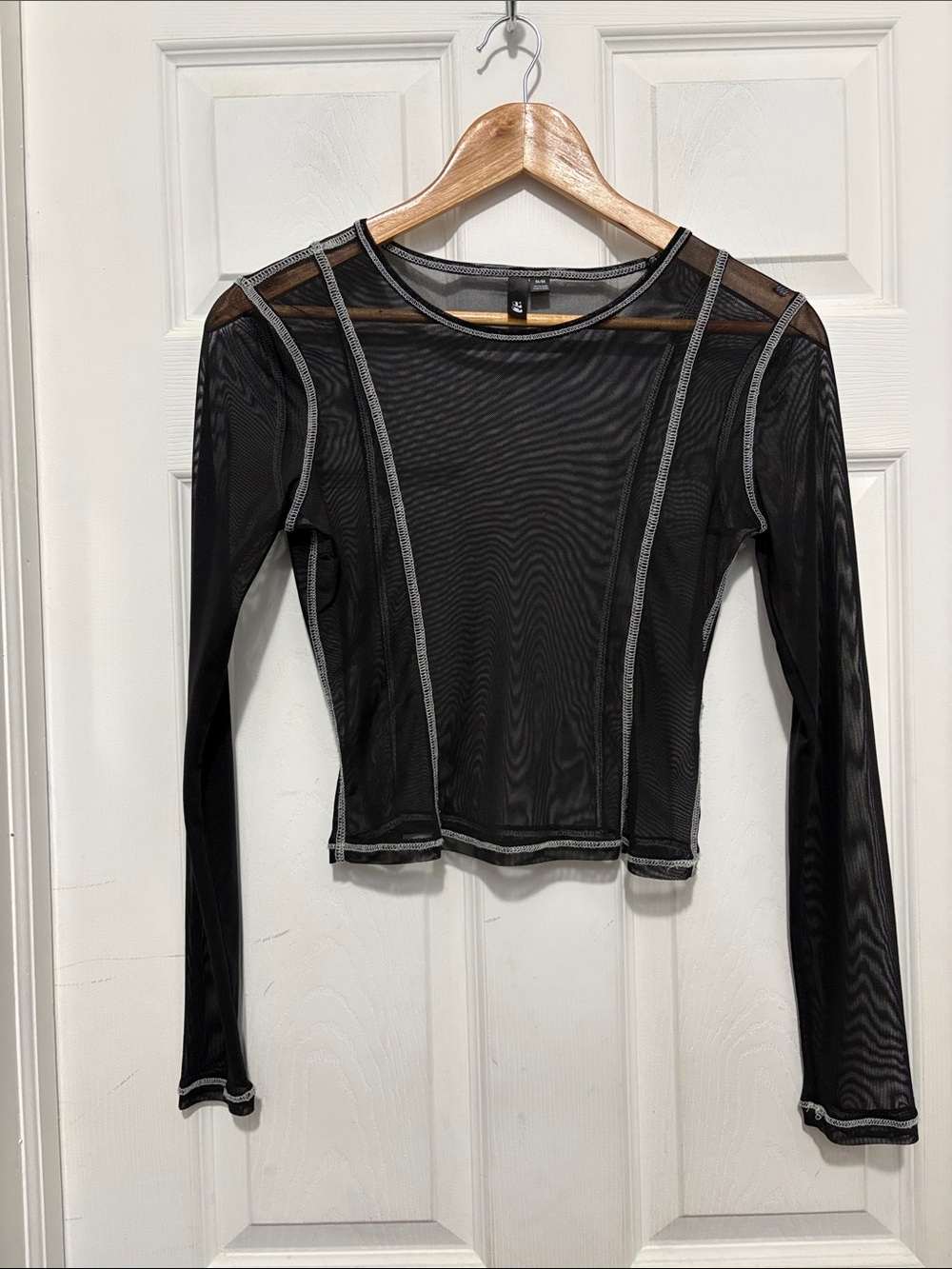 Garage Sheer Black Long-Sleeve Mesh Top with Contrast Stitching